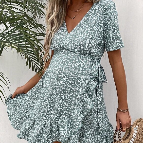 Blue Boho Womens Floral Print Knot Side Ruffle Trim Wrap Dress - Picture 4 of 5